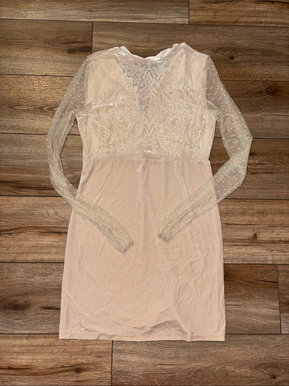 Free People Cream Dress With Floral Front & Mesh Sleeves